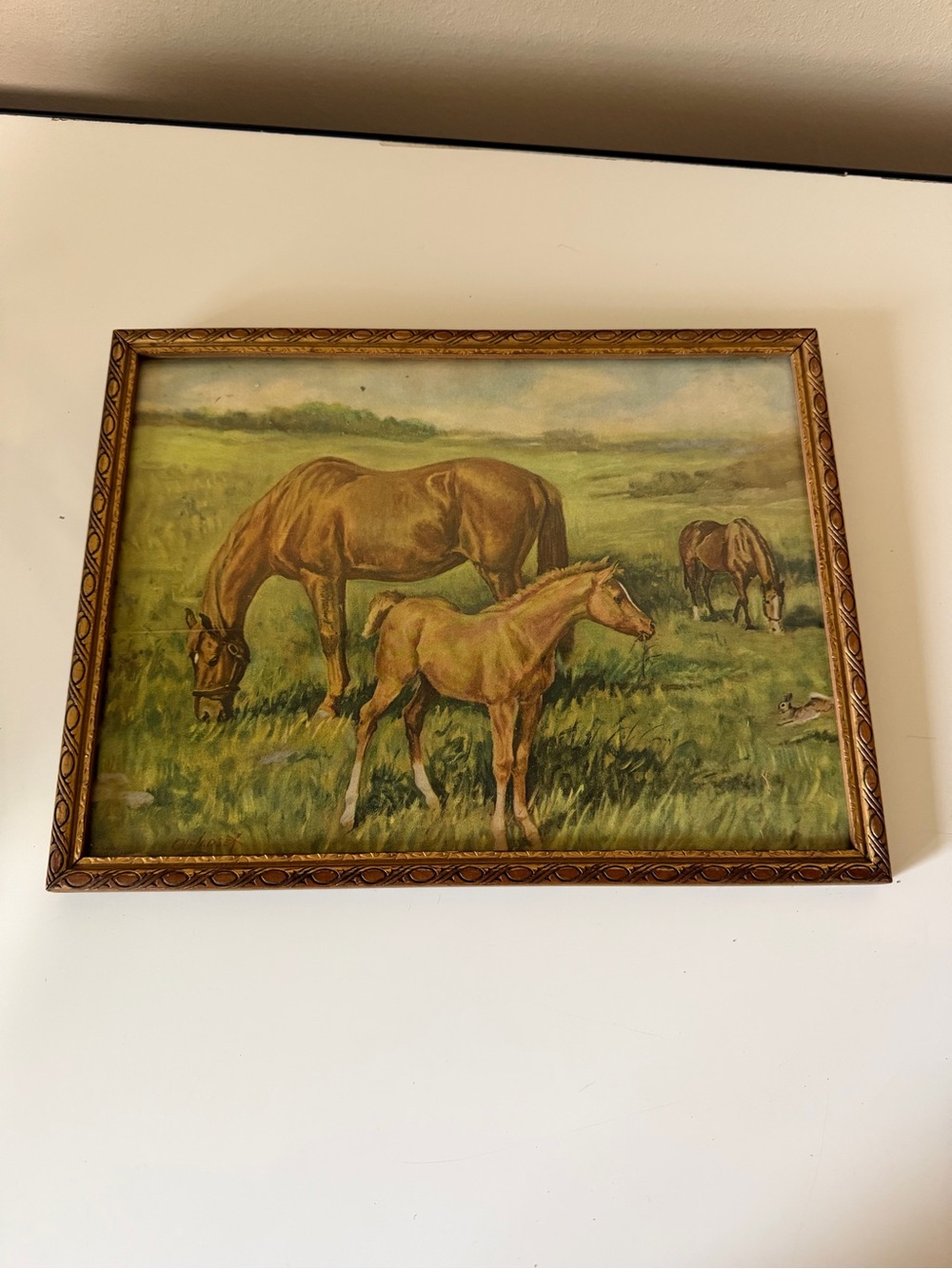 Vintage Ole Larsen "Spring Horses" Framed Art Print, Mid Century Litho